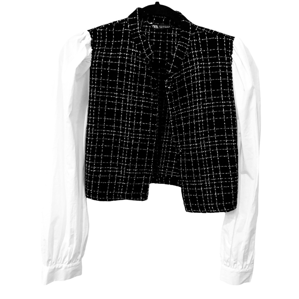 Zara Contrasting Textured Plaid Long Sleeve Shirt Womens Size M Business Casual